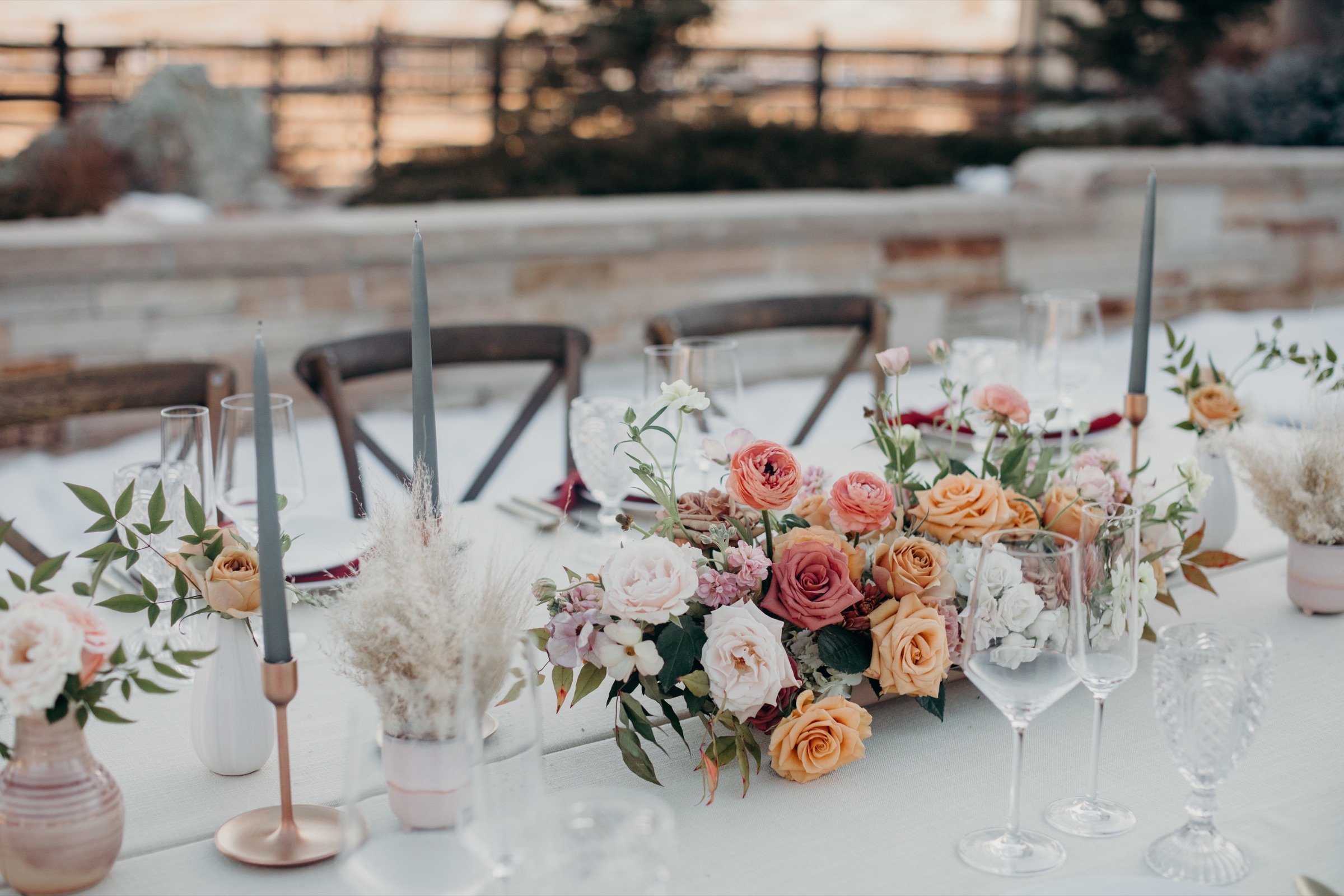 Event Rents tablescape with florals, candles and glassware